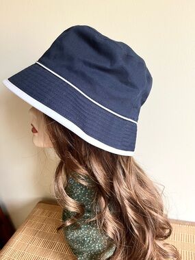 Blue and White Bucket Hat with Wide Brim